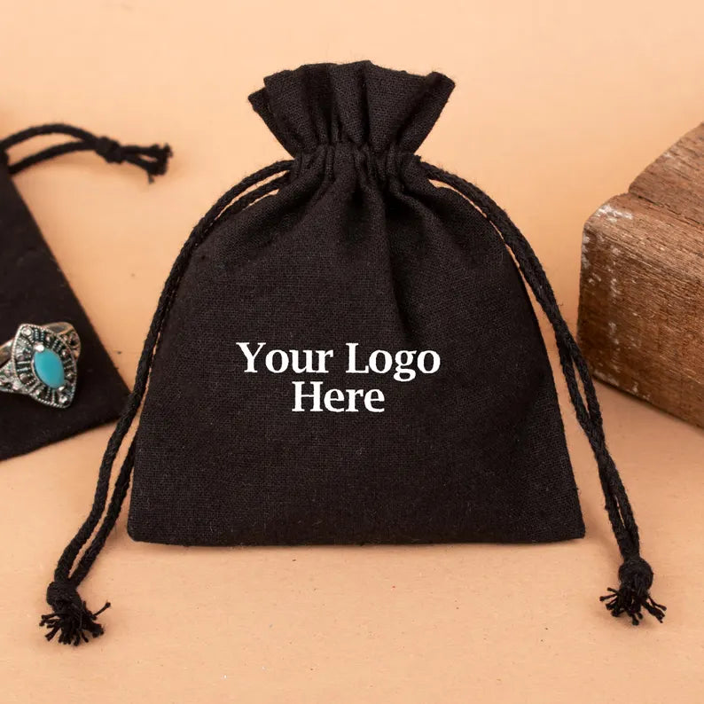 100 Black Custom Jewelry Packaging: Personalized Drawstring Cotton Pouches for Gifts