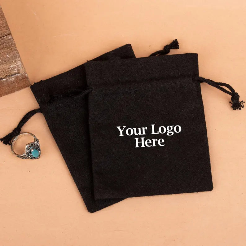 100 Black Custom Jewelry Packaging: Personalized Drawstring Cotton Pouches for Gifts