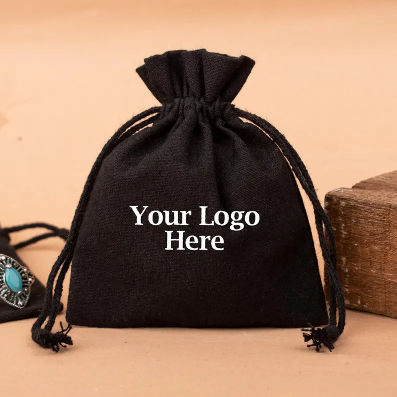 100 Black Custom Jewelry Packaging: Personalized Drawstring Cotton Pouches for Gifts