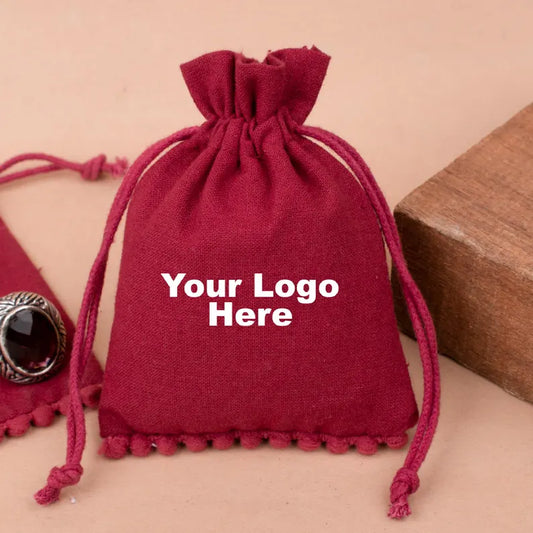 100 Eco-Friendly Jewelry Pouches, Pompom Cotton Drawstring Pouches With Customize Logo, Wedding Favor Bags