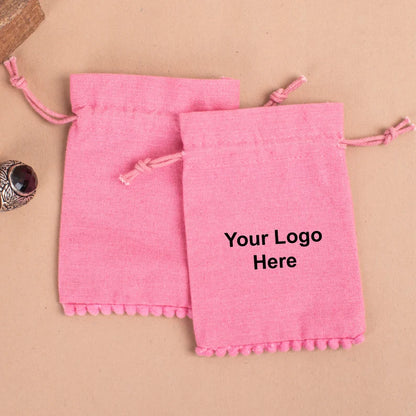 100 Personalized Custom Logo Pouches, Mini Bag, Bottom PomPom Cotton Jewelry Pouch