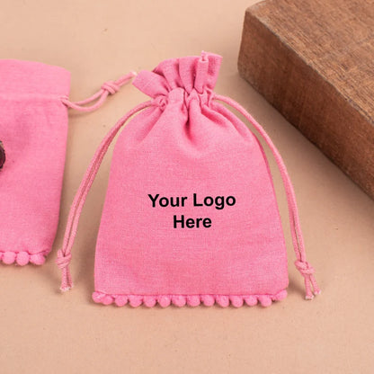 100 Personalized Custom Logo Pouches, Mini Bag, Bottom PomPom Cotton Jewelry Pouch