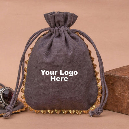 100 Personalized Drawstring Favor Bags, Designer Jewelry Packaging Pouches With Golden Lace, Customize Bags With Logo