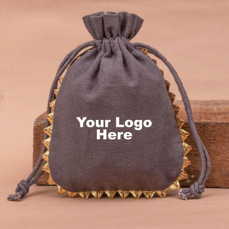 100 Personalized Drawstring Favor Bags, Designer Jewelry Packaging Pouches With Golden Lace, Customize Bags With Logo