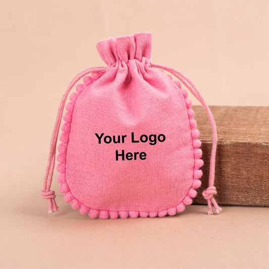 100 Personalized Jewelry Pouch, Eco-Friendly Bag, Mini Bag, Round PomPom Cotton Jewelry Pouch