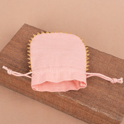 100 Charming Peach Designer Pouch Handcrafted with Delightful Round Gold Lace