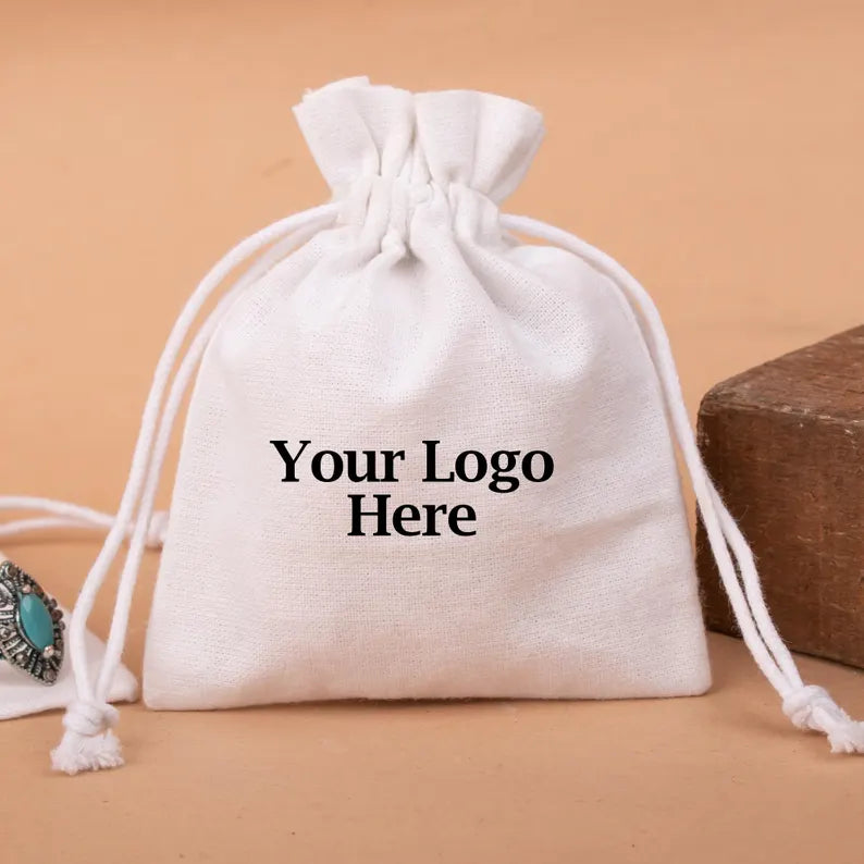 100 White Custom Bag Brand Packaging: Personalized Drawstring Cotton Pouches for Gifts