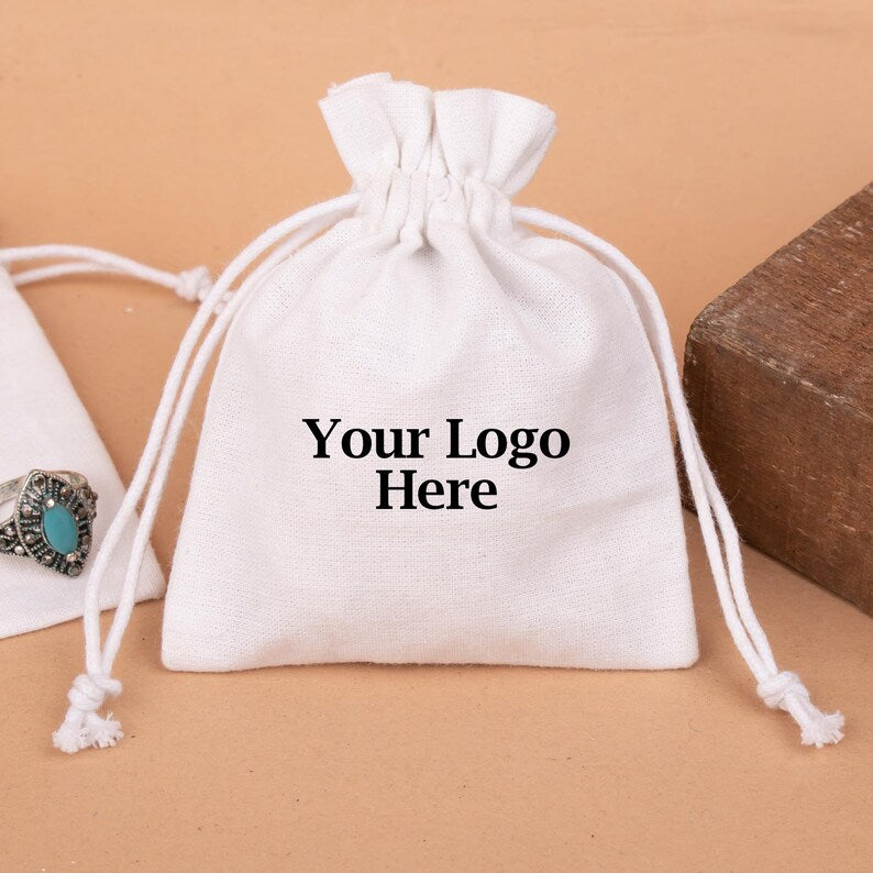 100 White Custom Bag Brand Packaging: Personalized Drawstring Cotton Pouches for Gifts