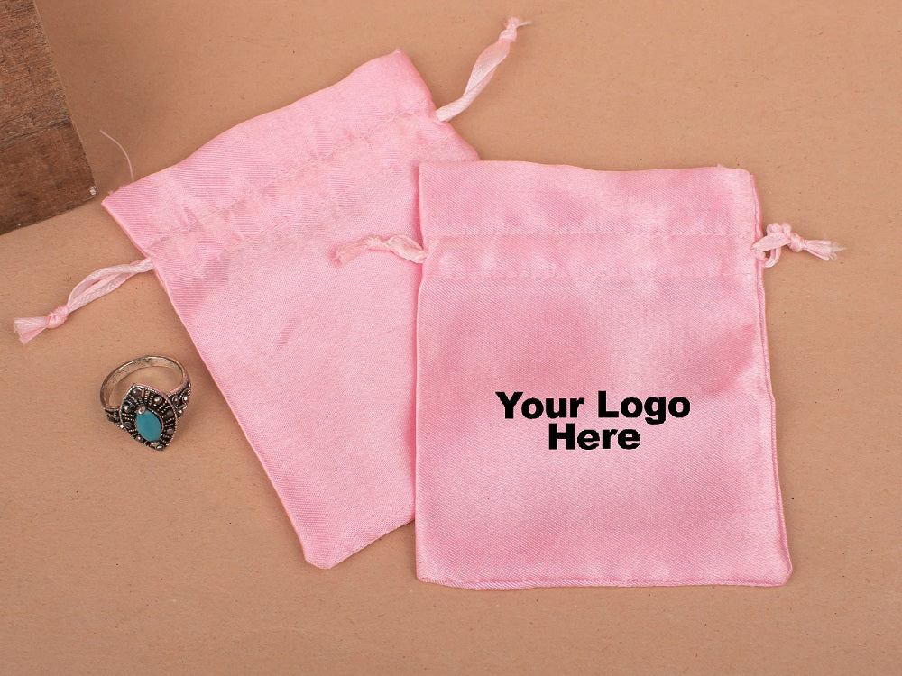 Personalized Pink Satin Drawstring Pouches & Bags For Jewelry Packaging With Custom Logo