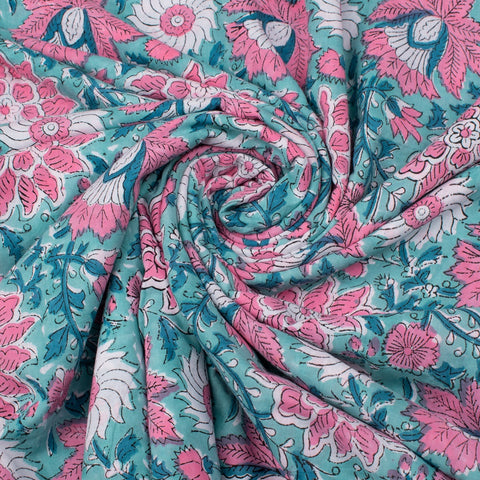 Multi Floral Crystal Blue Hand Block Printed Cotton Fabric