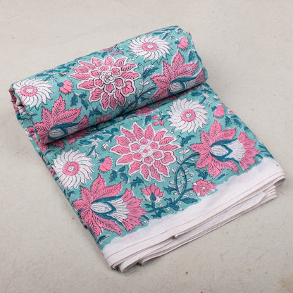 Multi Floral Crystal Blue Hand Block Printed Cotton Fabric