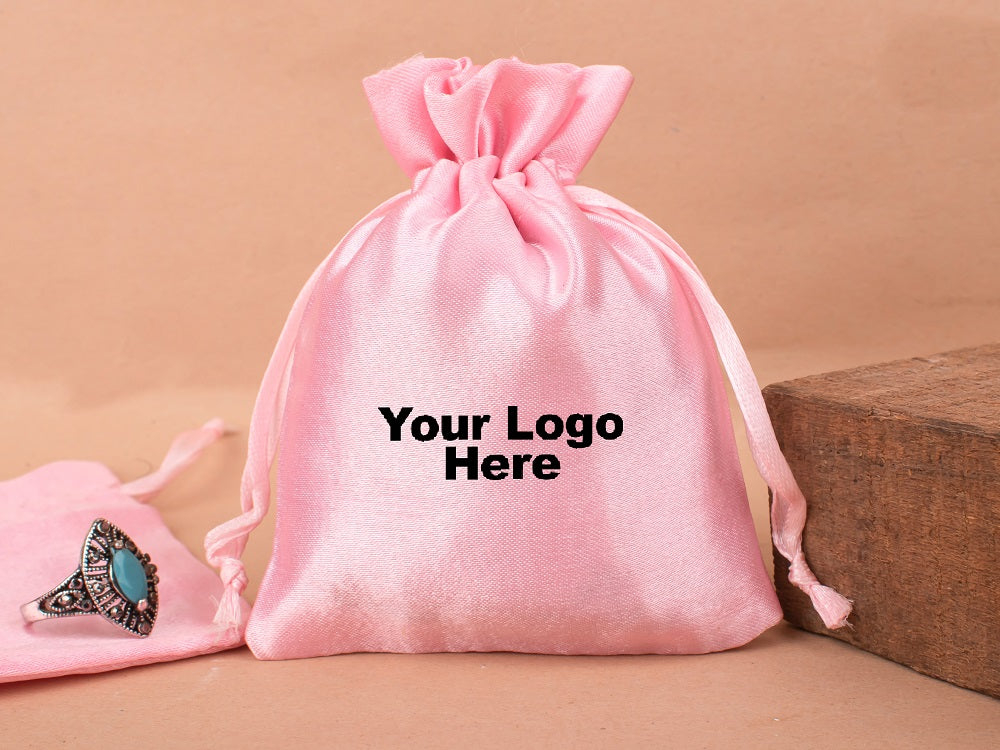 Personalized Pink Satin Drawstring Pouches & Bags For Jewelry Packaging With Custom Logo