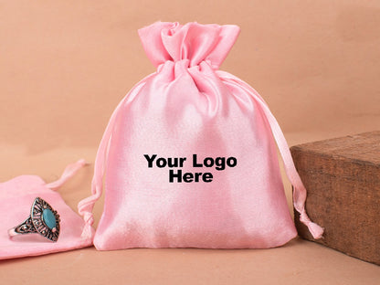 Personalized Pink Satin Drawstring Pouches & Bags For Jewelry Packaging With Custom Logo