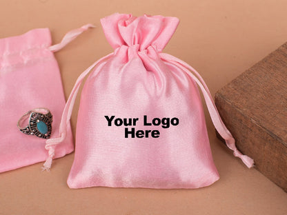 Personalized Pink Satin Drawstring Pouches & Bags For Jewelry Packaging With Custom Logo