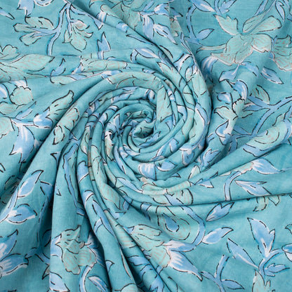 Handmade Sky Blue Multi Floral Block Print Fabric Dress Material