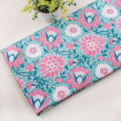 Multi Floral Dark Sky Blue Hand Block Printed Cotton Fabric