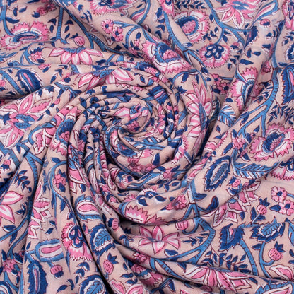 Light Pink Multi Floral Block Printed Cotton Fabric Voile Dress Material