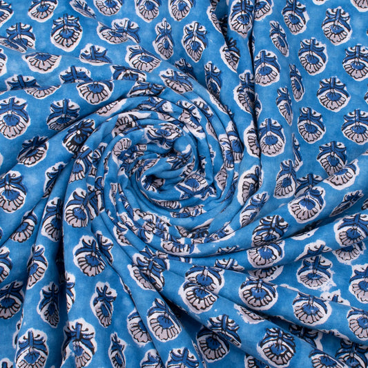 Multi Floral Indigo Blue Hand Block Printed Cotton Fabric