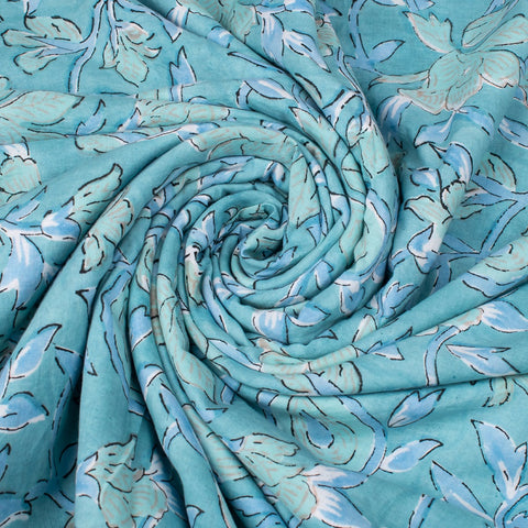 Multi Floral Moonstone Blue Hand Block Printed Cotton Fabric