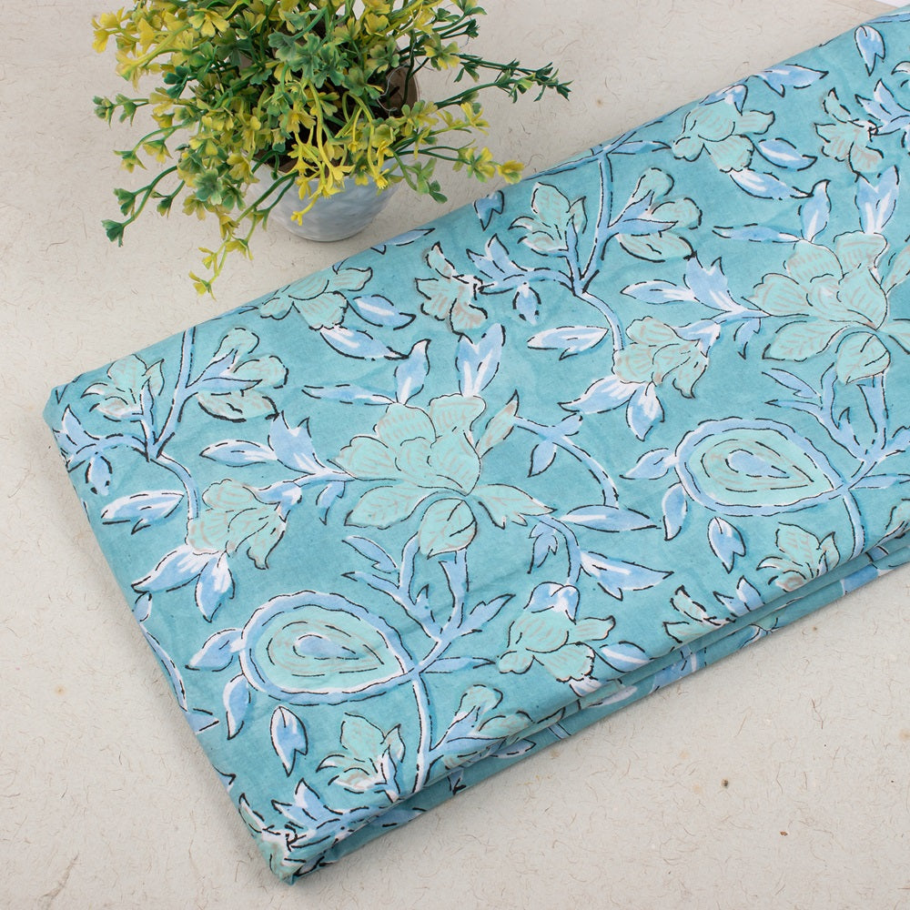 Multi Floral Moonstone Blue Hand Block Printed Cotton Fabric