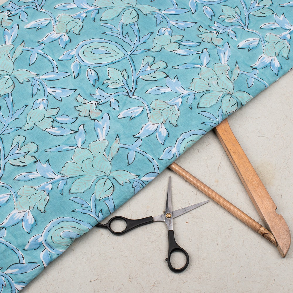 Multi Floral Moonstone Blue Hand Block Printed Cotton Fabric