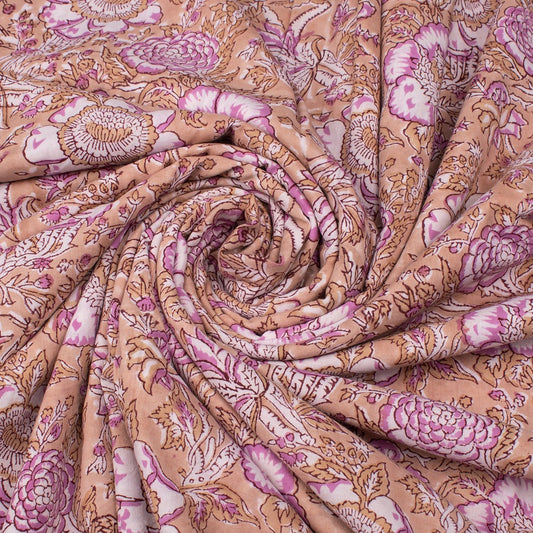 Multi Floral Pattern Pastel Pink Hand Block Printed Cotton Fabric