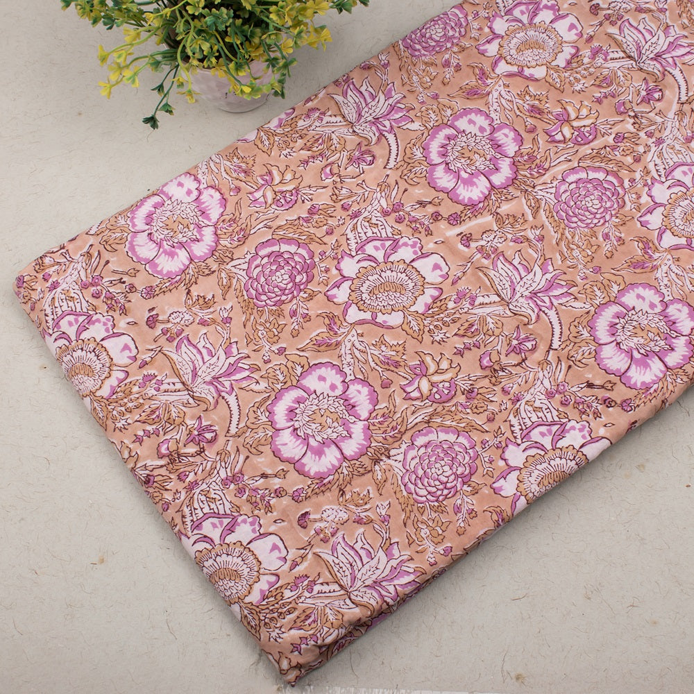 Flower Pattern Pink Hand Block Printed Cotton Fabric