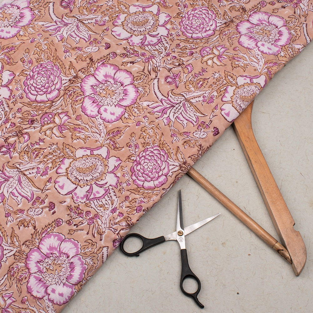 Flower Pattern Pink Hand Block Printed Cotton Fabric