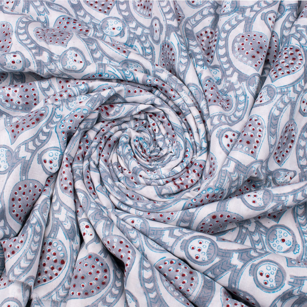 Multi Floral Light Gray Hand Block Print Cotton Fabric