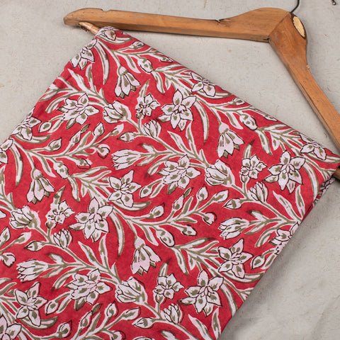 Red Multi Floral Hand Block Printed Fabric Dress Material