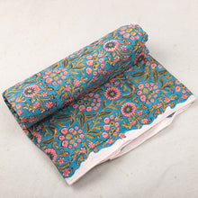 Flower Pattern Light Blue Handmade Block Print Cotton Fabric