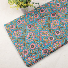 Flower Pattern Light Blue Handmade Block Print Cotton Fabric