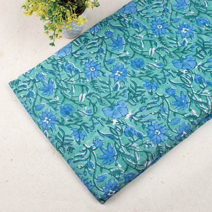 Multi Floral Light Green Hand Block Printed Cotton Fabric