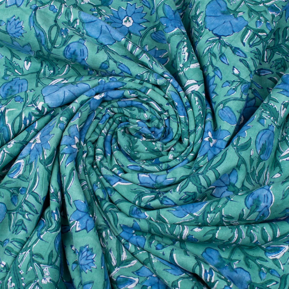 Multi Floral Light Green Hand Block Printed Cotton Fabric