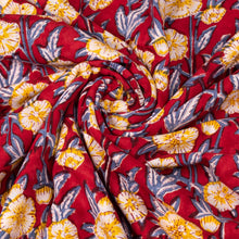 Flower Pattern Red Handmade Block Print Cotton Fabric