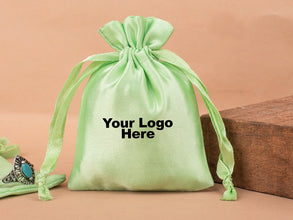 Personalized Green Satin Drawstring Pouches & Bags With Custom Logo, Gift Packaging Bags