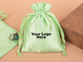 Personalized Green Satin Drawstring Pouches & Bags With Custom Logo, Gift Packaging Bags