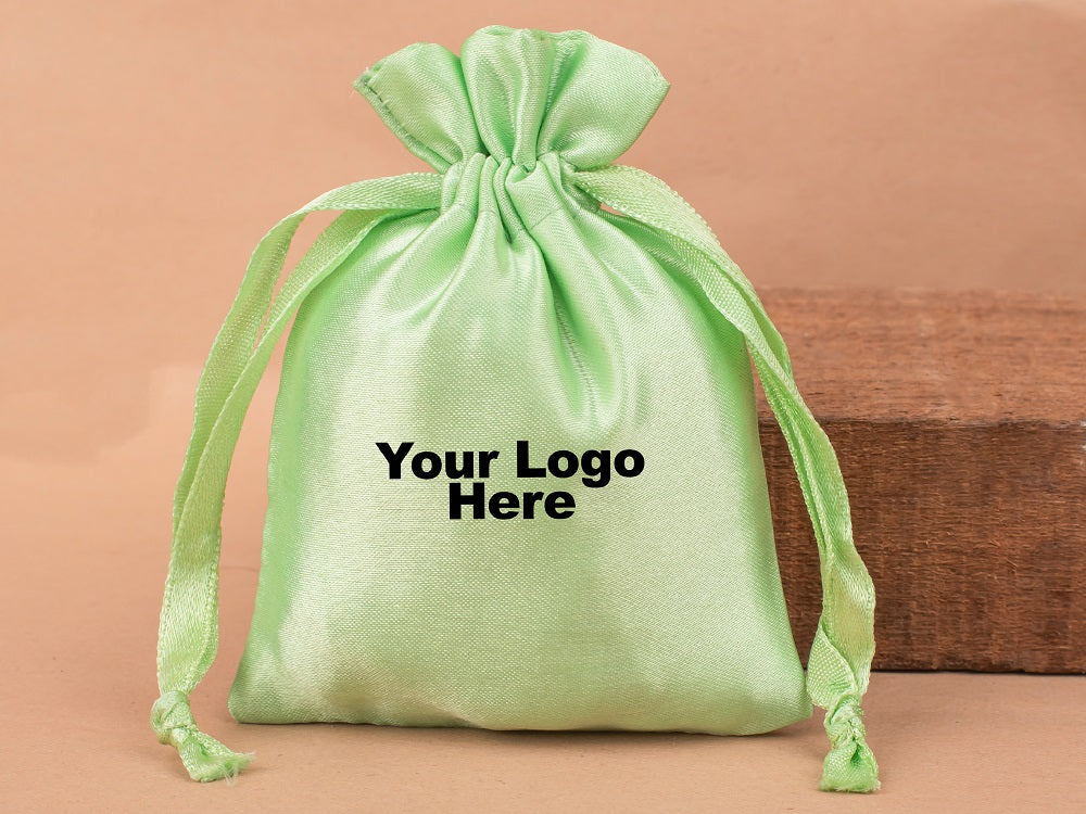 Personalized Green Satin Drawstring Pouches & Bags With Custom Logo, Gift Packaging Bags