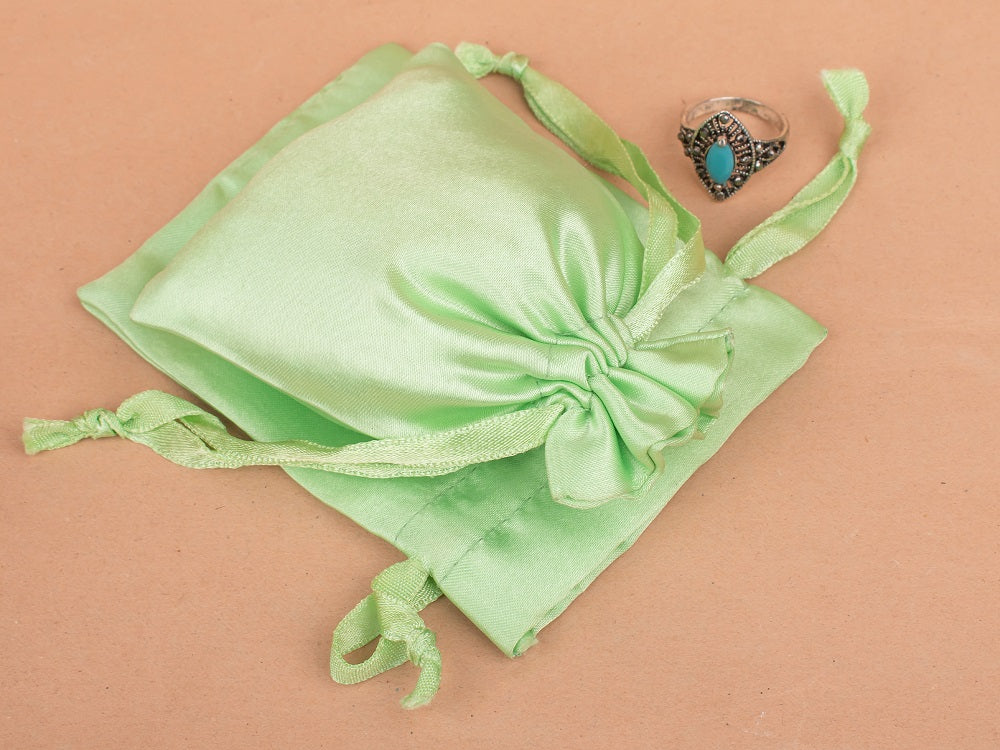 Personalized Green Satin Drawstring Pouches & Bags With Custom Logo, Gift Packaging Bags