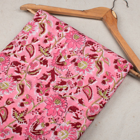 Hand Block Printed Cotton Multi Floral Pink Fabric Dress Material