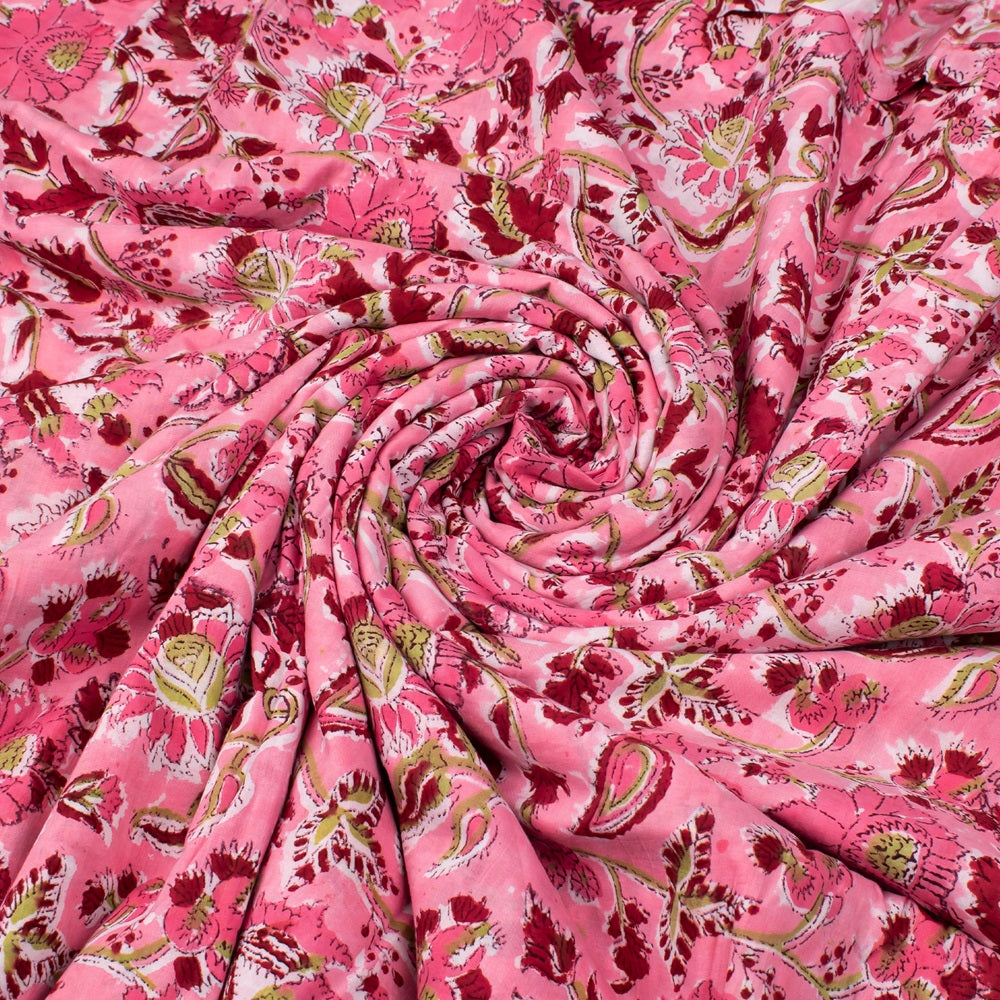 Hand Block Printed Cotton Multi Floral Pink Fabric Dress Material