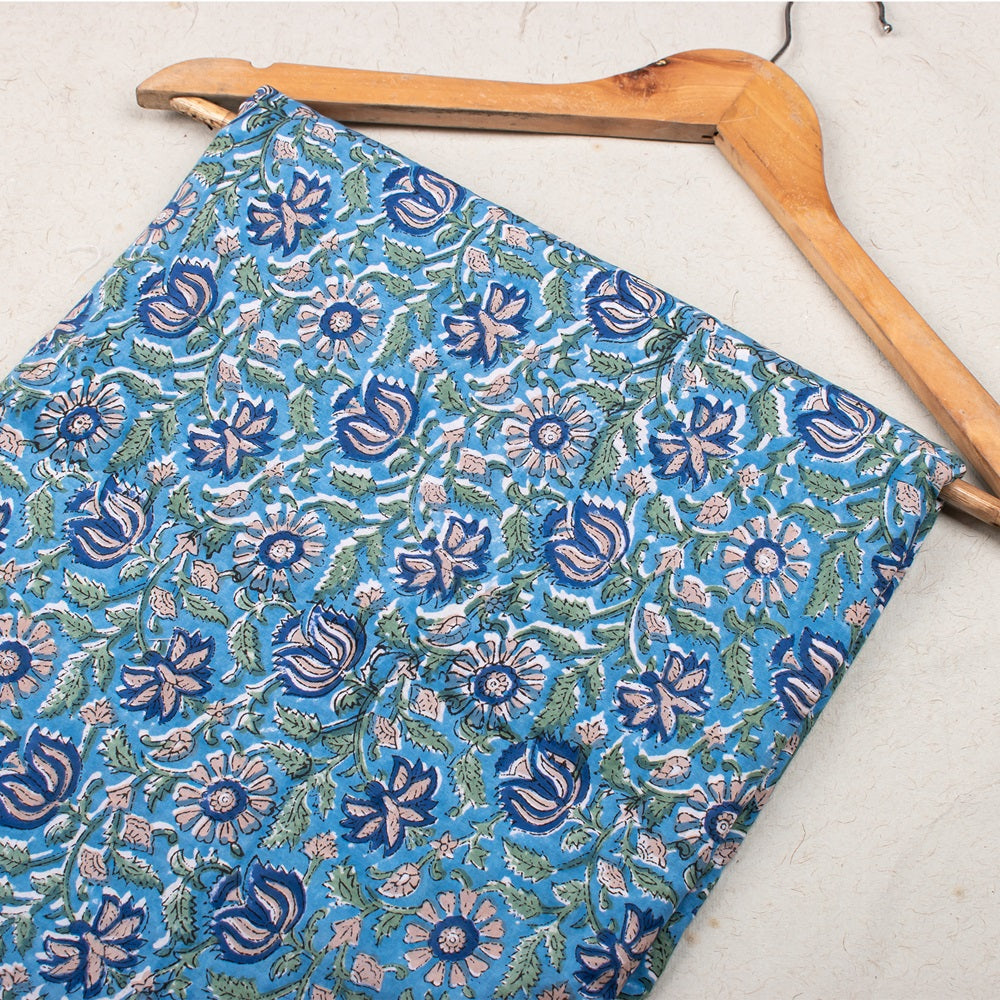 Multi Floral Sky Blue Hand Block Printed Cotton Fabric