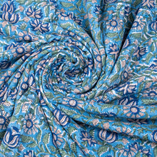 Multi Floral Sky Blue Hand Block Printed Cotton Fabric