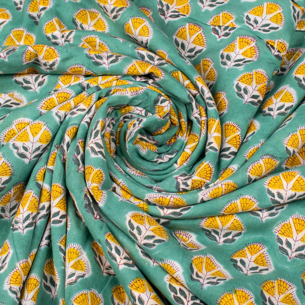 Hand Block Printed Cotton Multi Floral Green Fabric Pattern Dress Material