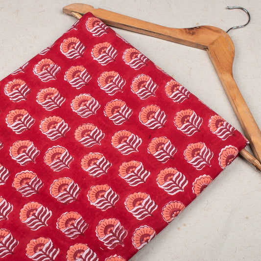 Hand Block Printed Cotton Multi Floral Red Fabric