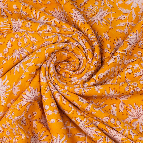 Multi Floral Orange Hand Block Printed Cotton Fabric