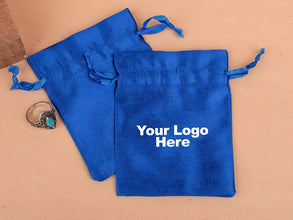 Personalized Blue Satin Drawstring Pouches & Bags For Jewelry Packaging With Custom Logo, Gift Packaging Bags