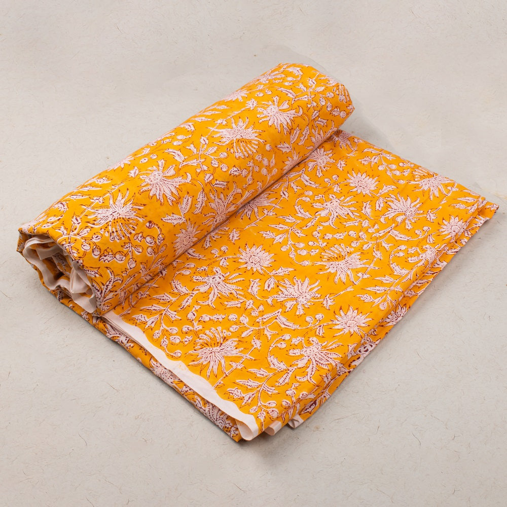 Multi Floral Orange Hand Block Printed Cotton Fabric