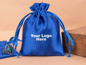 Personalized Blue Satin Drawstring Pouches & Bags For Jewelry Packaging With Custom Logo, Gift Packaging Bags