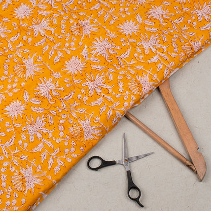 Multi Floral Orange Hand Block Printed Cotton Fabric